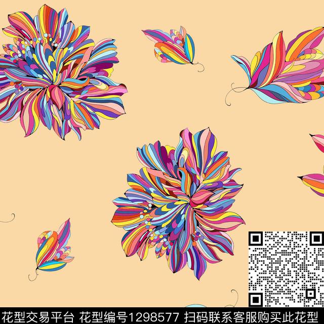 抽象花卉科技花卉散点排列数码印花华亿平台下载（图片编号: 1298577） - 瓦栏（Walan）