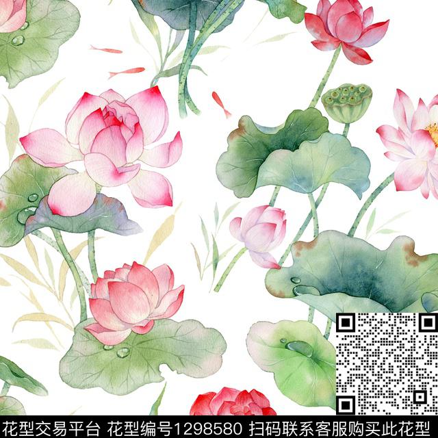 水草水彩荷花荷花数码印花华亿平台下载（图片编号: 1298580） - 瓦栏（Walan）