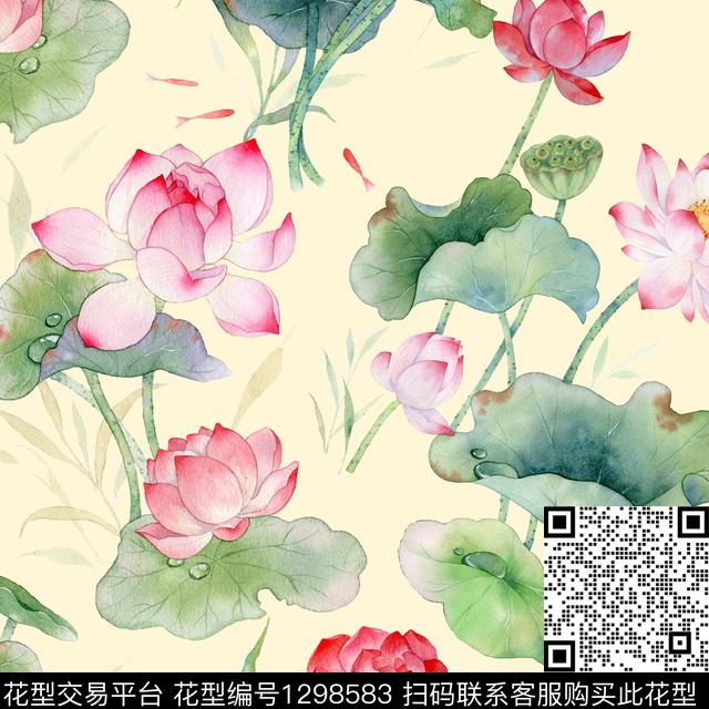 水草水彩荷花荷花数码印花华亿平台下载（图片编号: 1298583） - 瓦栏（Walan）