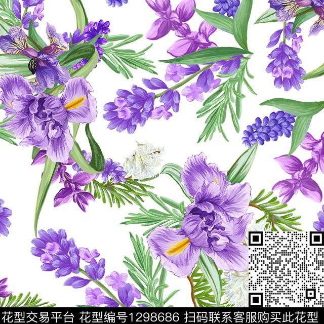鸢尾花手绘花卉迷迭香数码印花华亿平台下载（图片编号: 1298686） - 瓦栏（Walan）