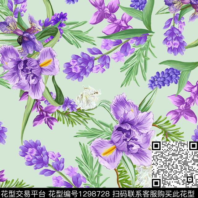 鸢尾花手绘花卉迷迭香数码印花华亿平台下载（图片编号: 1298728） - 瓦栏（Walan）