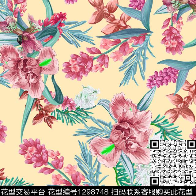 鸢尾花手绘花卉迷迭香数码印花华亿平台下载（图片编号: 1298748） - 瓦栏（Walan）