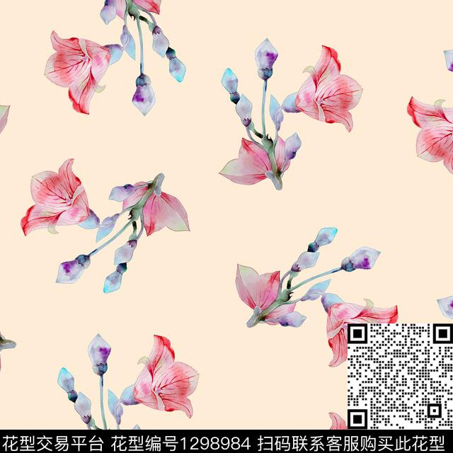 水彩花卉散点排列牵牛花数码印花华亿平台下载（图片编号: 1298984） - 瓦栏（Walan）