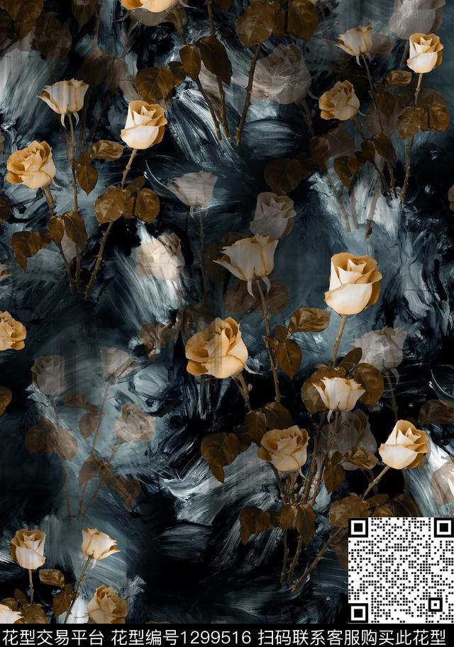 复古花卉大牌风数码印花华亿平台下载（图片编号: 1299516） - 瓦栏（Walan）