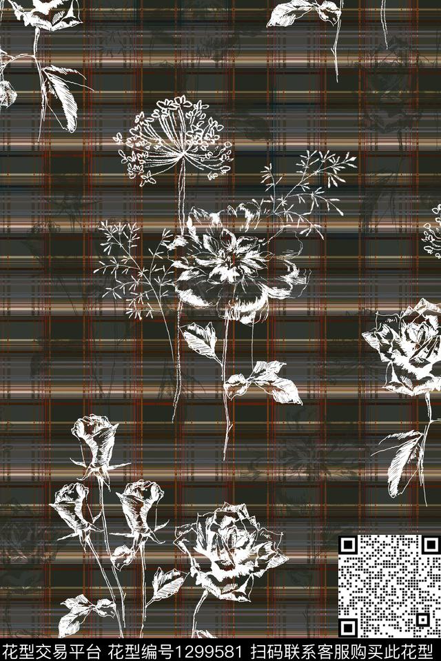 花卉格子大牌风数码印花华亿平台下载（图片编号: 1299581） - 瓦栏（Walan）