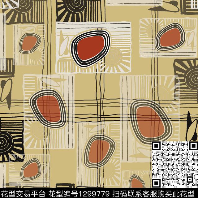 几何手绘线条笔触圆圈与波点传统印花华亿平台下载（图片编号: 1299779） - 瓦栏（Walan）