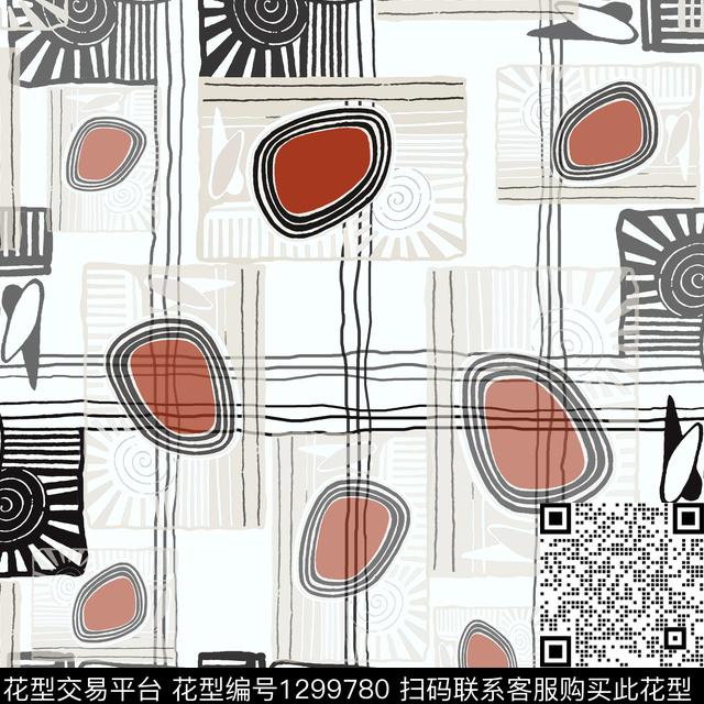 几何手绘线条笔触圆圈与波点传统印花华亿平台下载（图片编号: 1299780） - 瓦栏（Walan）