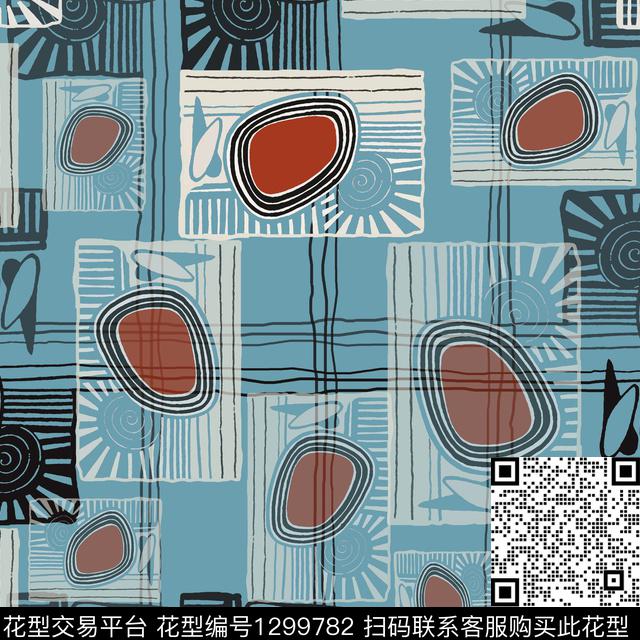 几何手绘线条笔触圆圈与波点传统印花华亿平台下载（图片编号: 1299782） - 瓦栏（Walan）