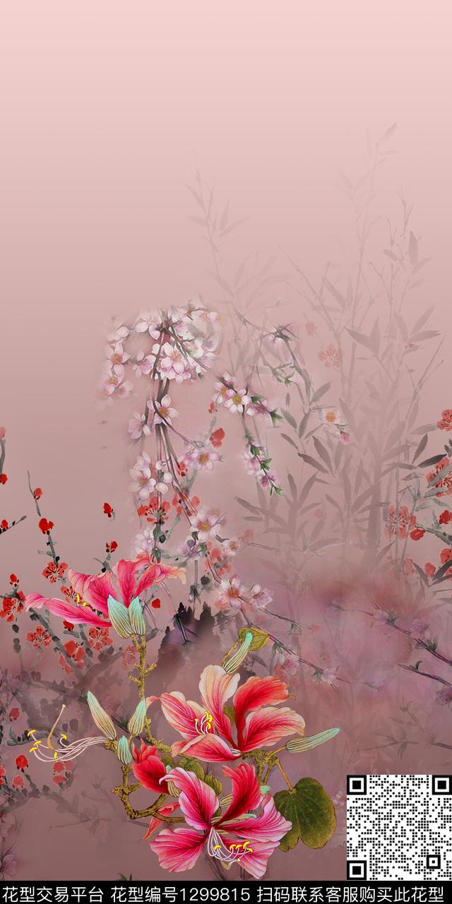 女装定位花花卉旗袍数码印花华亿平台下载（图片编号: 1299815） - 瓦栏（Walan）