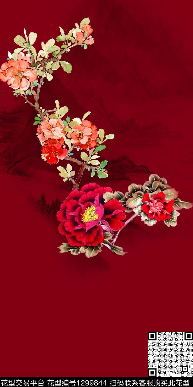 女装定位花花卉旗袍数码印花华亿平台下载（图片编号: 1299844） - 瓦栏（Walan）