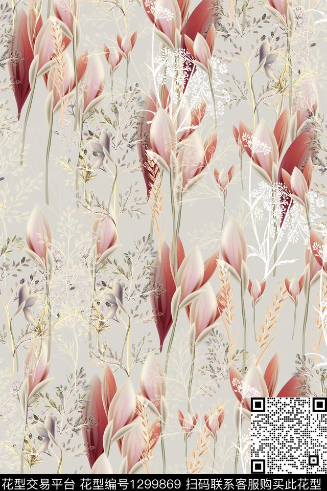 植物手绘花卉数码印花华亿平台下载（图片编号: 1299869） - 瓦栏（Walan）