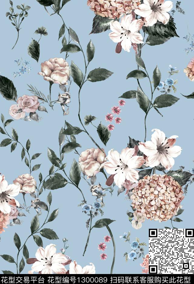 玫瑰花绣球花手绘花卉数码印花华亿平台下载（图片编号: 1300089） - 瓦栏（Walan）