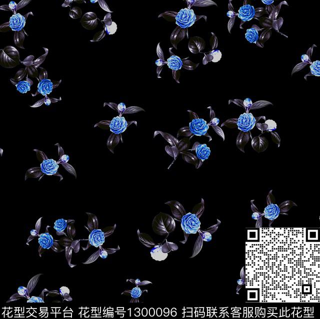 黑底花卉花卉大牌风数码印花华亿平台下载（图片编号: 1300096） - 瓦栏（Walan）