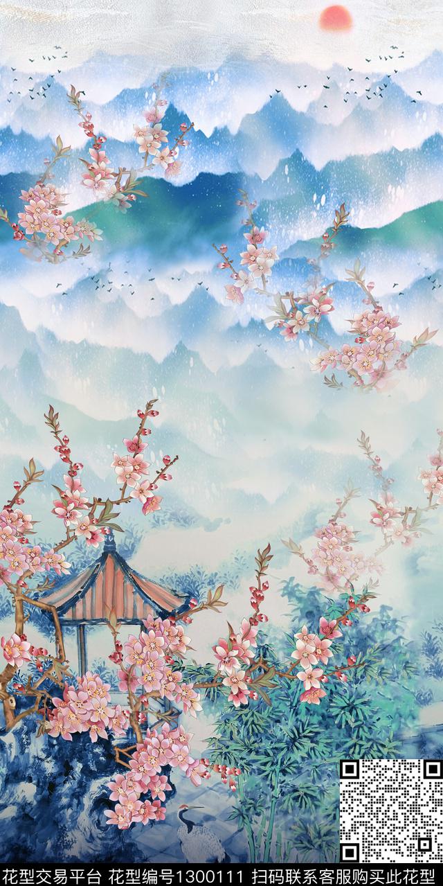 国画中国风定位花复古旗袍华亿平台数码印花华亿平台下载（图片编号: 1300111） - 瓦栏（Walan）