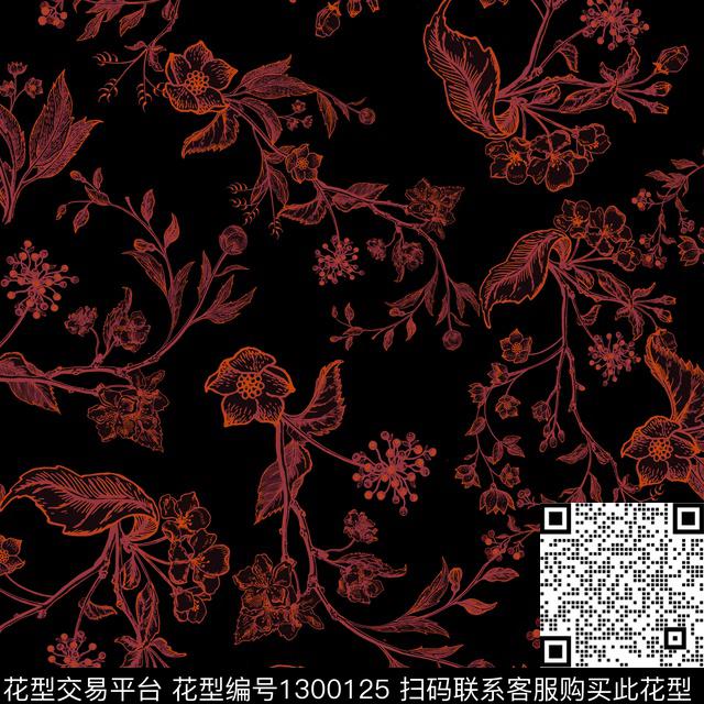 黑底花卉花卉大牌风数码印花华亿平台下载（图片编号: 1300125） - 瓦栏（Walan）