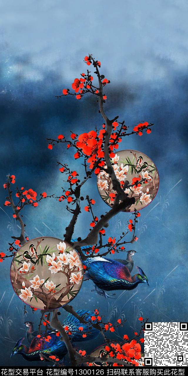 梅花中国风定位花珍珠雪纺华亿平台数码印花华亿平台下载（图片编号: 1300126） - 瓦栏（Walan）