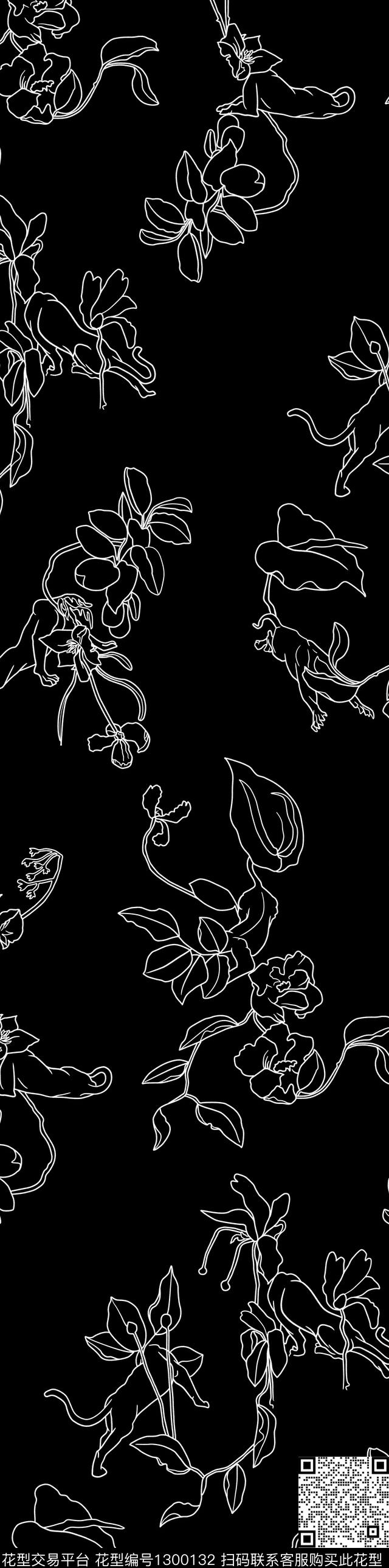 线条动物花卉花卉传统印花华亿平台下载（图片编号: 1300132） - 瓦栏（Walan）