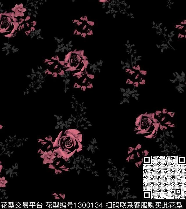黑底花卉玫瑰花花卉数码印花华亿平台下载（图片编号: 1300134） - 瓦栏（Walan）