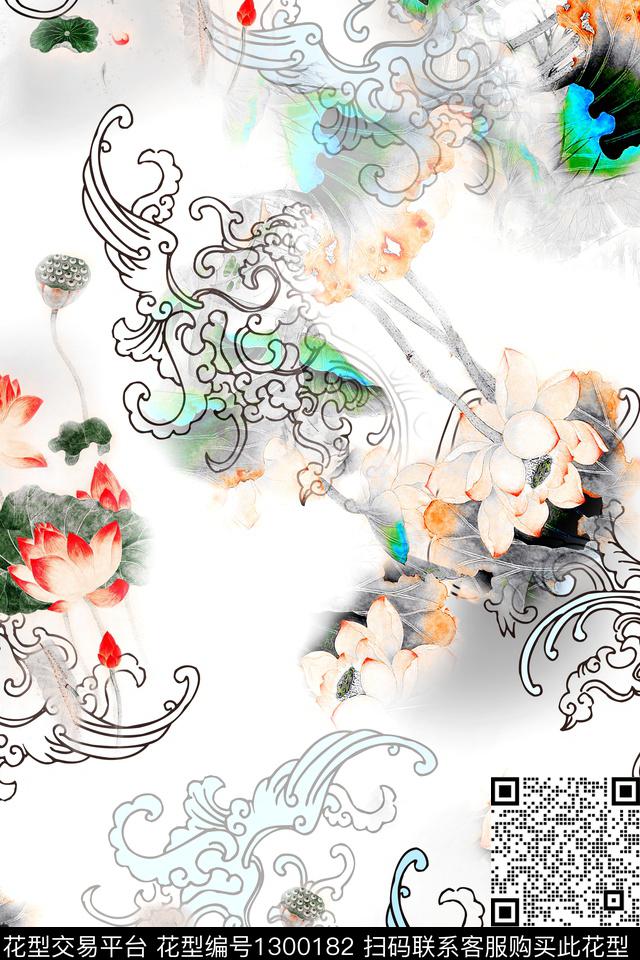 荷花花卉旗袍数码印花华亿平台下载（图片编号: 1300182） - 瓦栏（Walan）