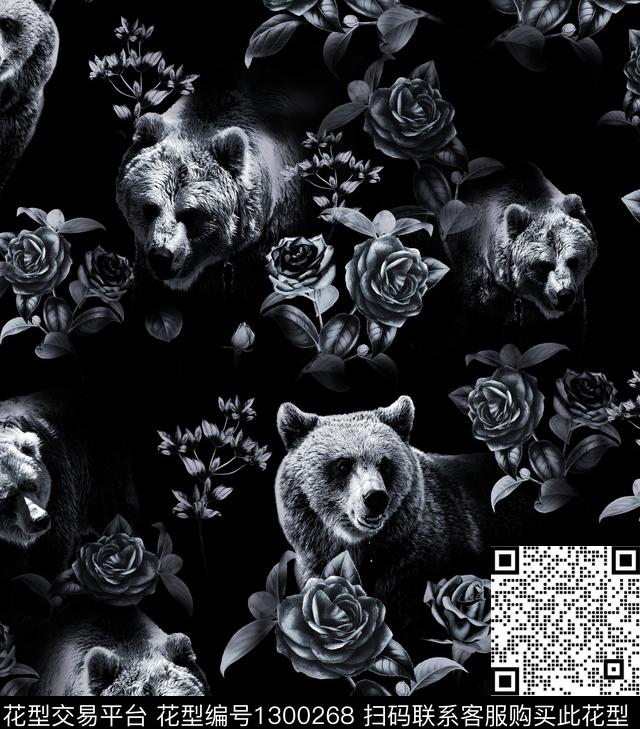 黑底花卉动物花卉玫瑰花数码印花华亿平台下载（图片编号: 1300268） - 瓦栏（Walan）