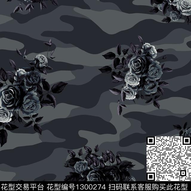 玫瑰花迷彩花卉数码印花华亿平台下载（图片编号: 1300274） - 瓦栏（Walan）