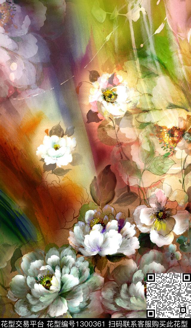 数码定位花大牌风手绘数码印花华亿平台下载（图片编号: 1300361） - 瓦栏（Walan）