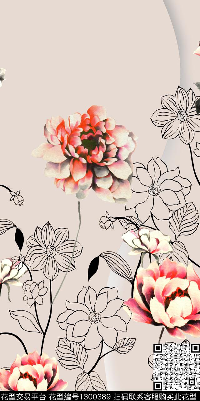 花卉旗袍手绘数码印花华亿平台下载（图片编号: 1300389） - 瓦栏（Walan）