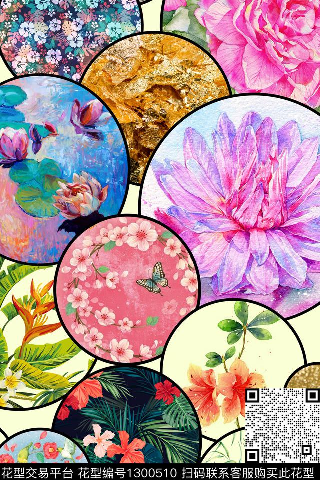 时尚花卉混合拼接数码印花华亿平台下载（图片编号: 1300510） - 瓦栏（Walan）