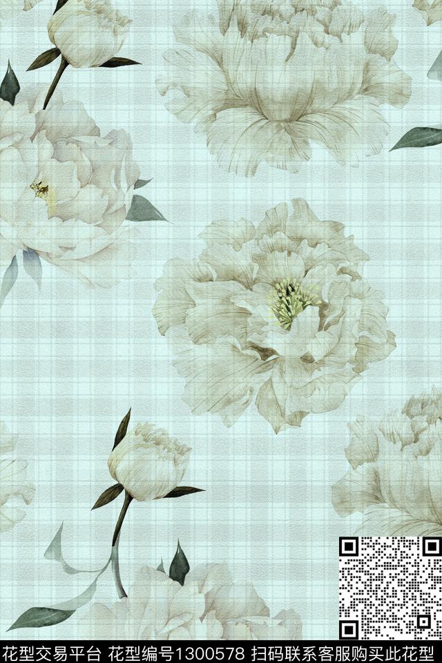 花卉格子大牌风数码印花华亿平台下载（图片编号: 1300578） - 瓦栏（Walan）