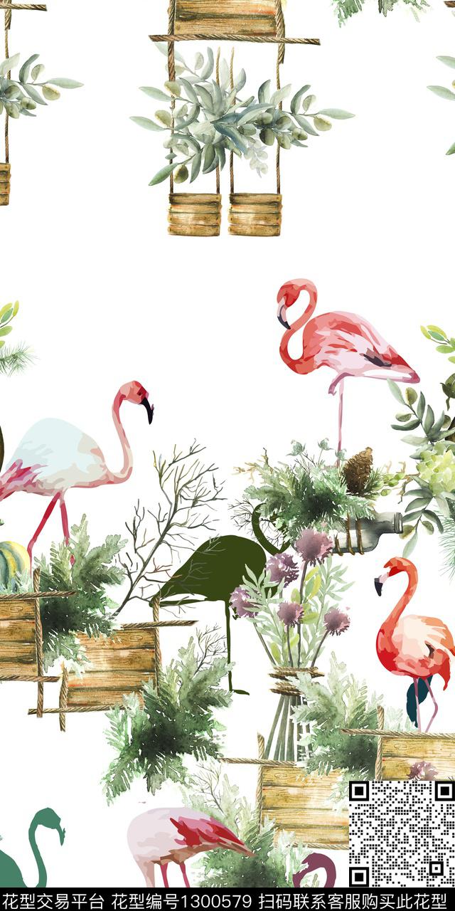 绿植树叶火烈鸟大牌风数码印花华亿平台下载（图片编号: 1300579） - 瓦栏（Walan）