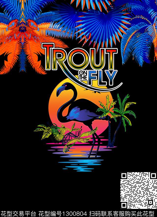 彩色椰树叶渐变字母大阳水纹火焰鸟数码印花华亿平台下载（图片编号: 1300804） - 瓦栏（Walan）