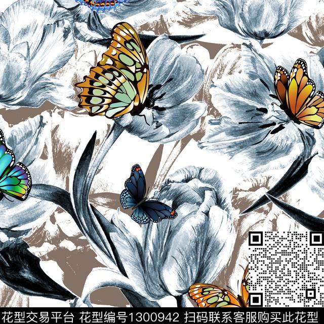 花卉蝴蝶数码印花华亿平台下载（图片编号: 1300942） - 瓦栏（Walan）
