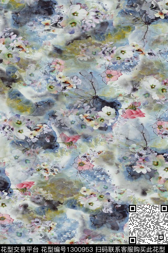 花卉抽象中国风数码印花华亿平台下载（图片编号: 1300953） - 瓦栏（Walan）