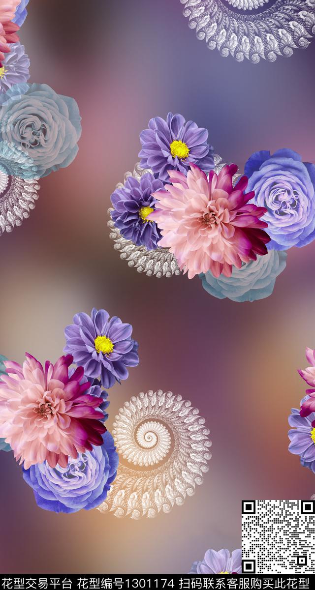 彩底花卉鲜花女装数码印花华亿平台下载（图片编号: 1301174） - 瓦栏（Walan）