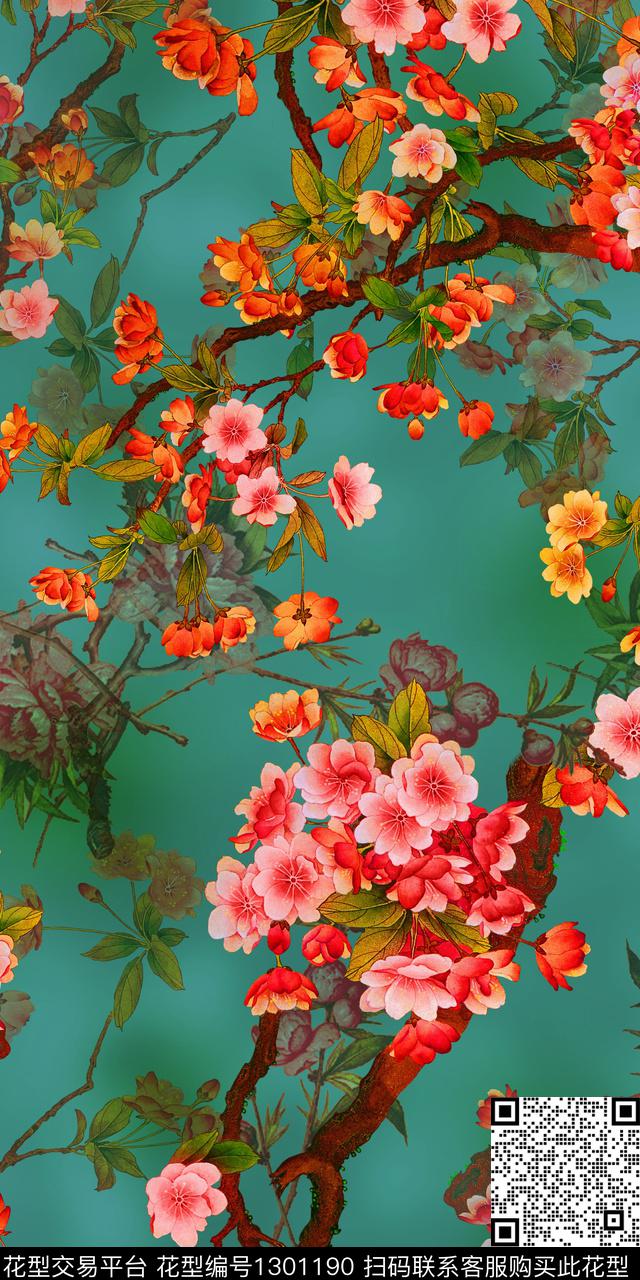 红花香云纱水彩花卉数码印花华亿平台下载（图片编号: 1301190） - 瓦栏（Walan）