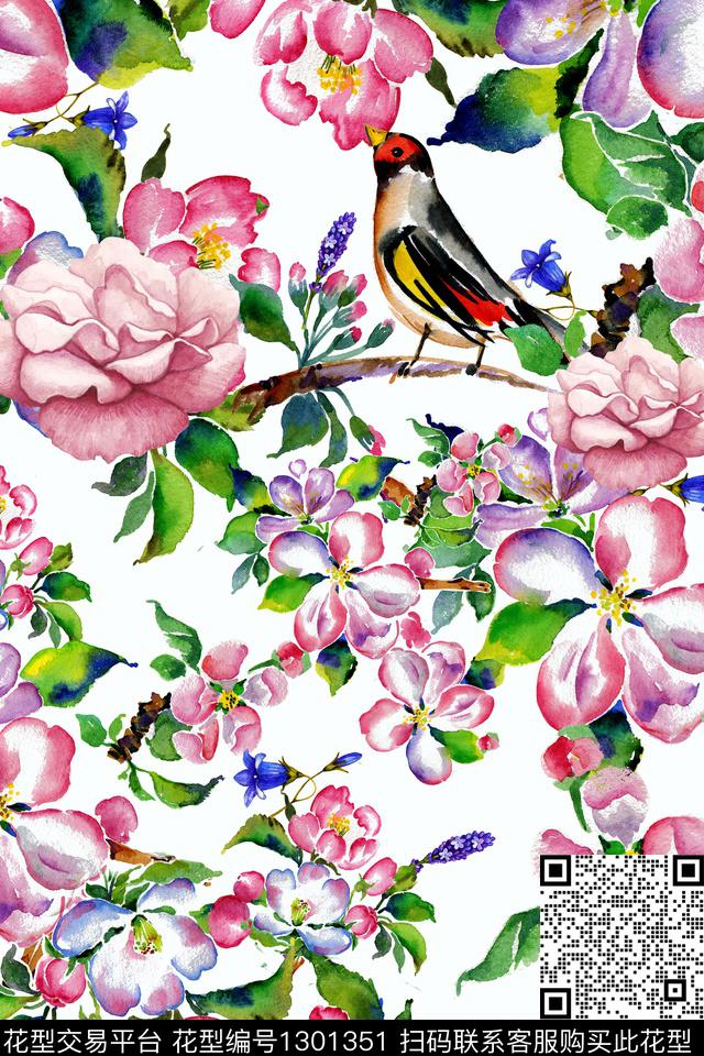 花鸟小碎花数码印花华亿平台下载（图片编号: 1301351） - 瓦栏（Walan）