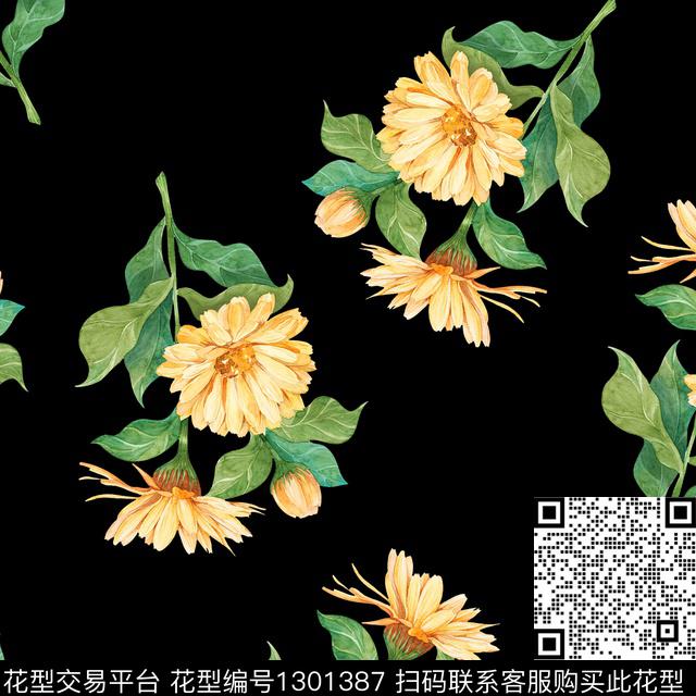手绘花卉七彩菊清爽花卉数码印花华亿平台下载（图片编号: 1301387） - 瓦栏（Walan）