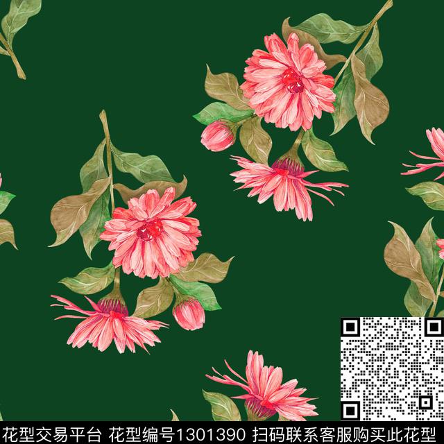 手绘花卉七彩菊清爽花卉数码印花华亿平台下载（图片编号: 1301390） - 瓦栏（Walan）