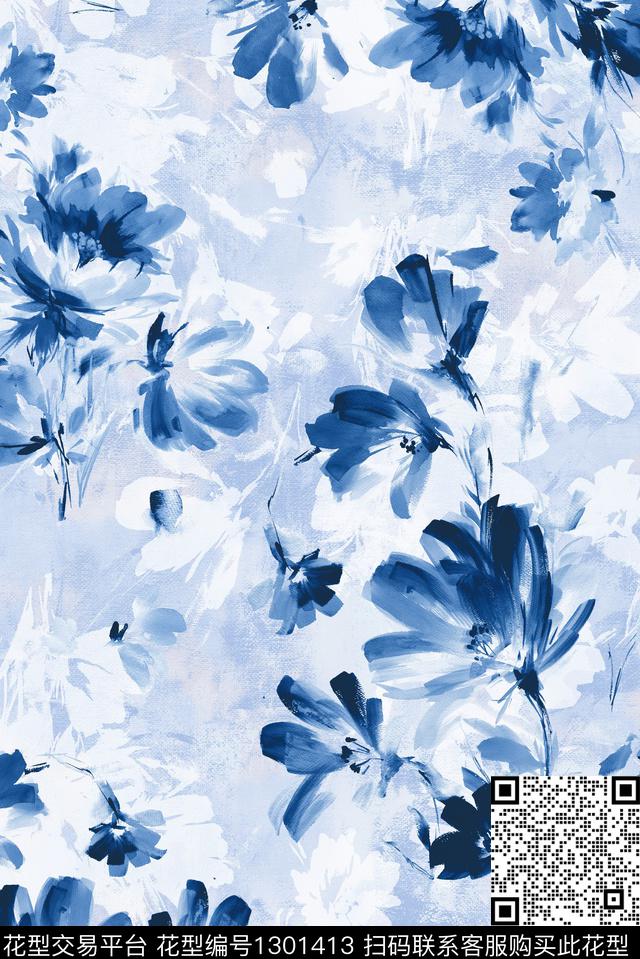 大牌风手绘水彩花卉数码印花华亿平台下载（图片编号: 1301413） - 瓦栏（Walan）