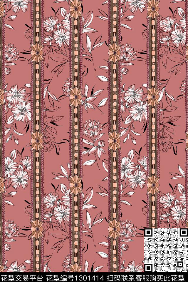彩底花卉大牌风手绘数码印花华亿平台下载（图片编号: 1301414） - 瓦栏（Walan）