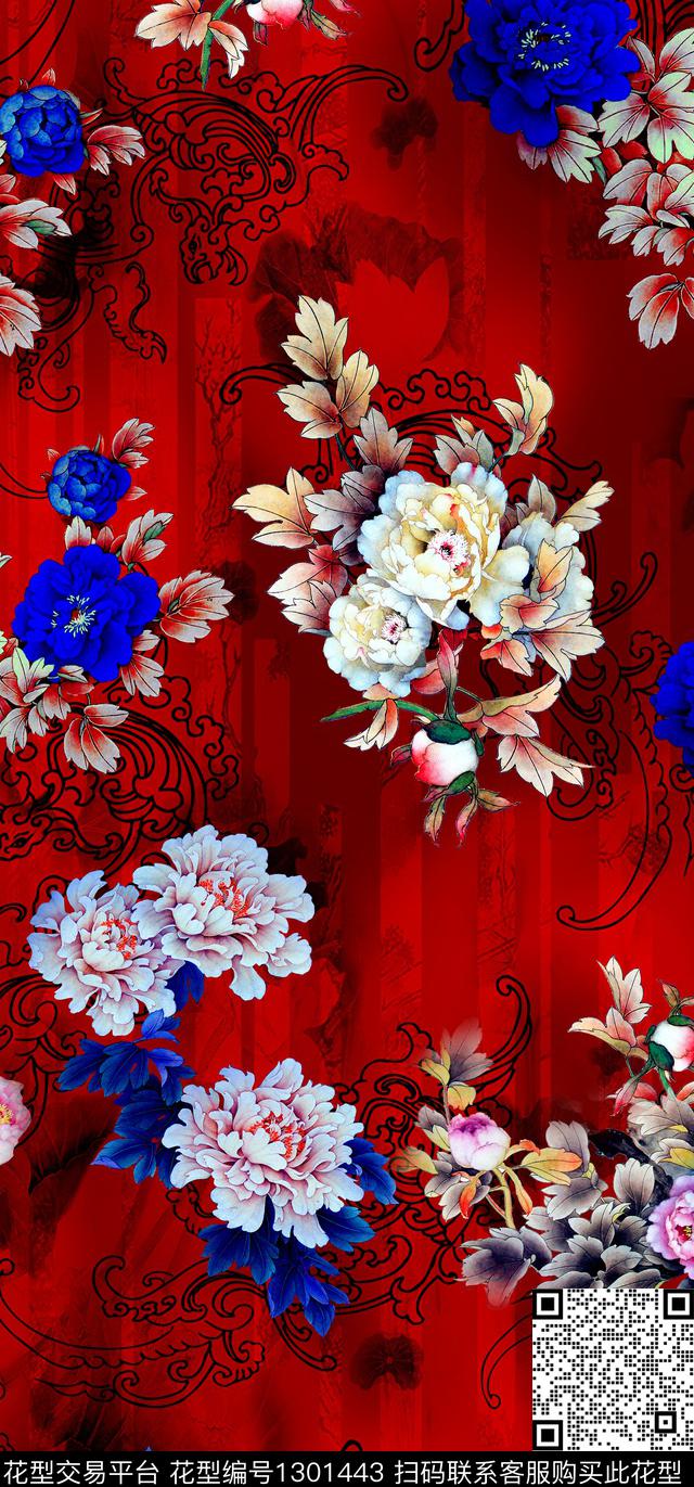 花卉旗袍真丝数码印花华亿平台下载（图片编号: 1301443） - 瓦栏（Walan）