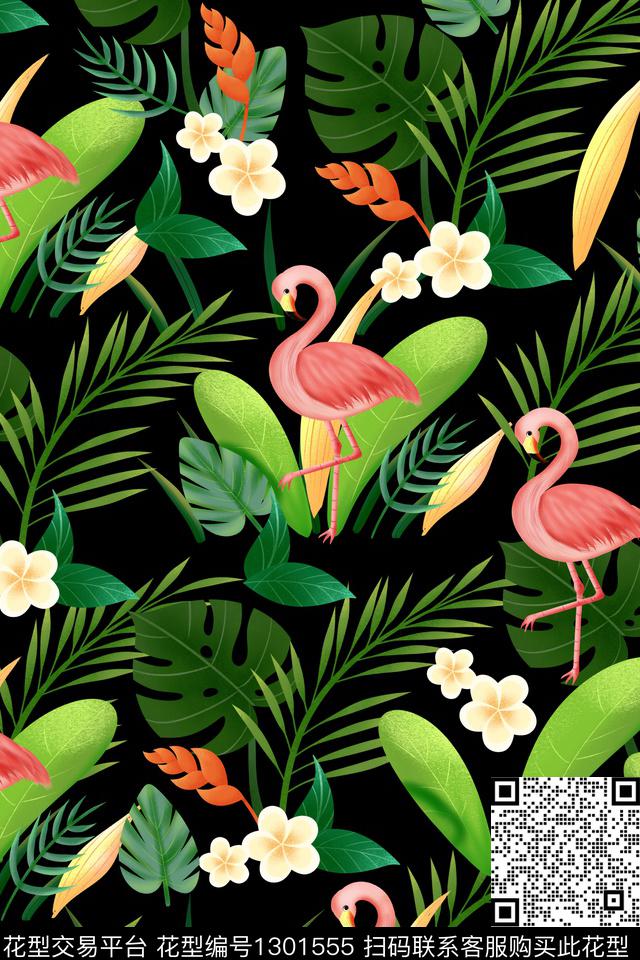 火烈鸟手绘热带华亿平台数码印花华亿平台下载（图片编号: 1301555） - 瓦栏（Walan）