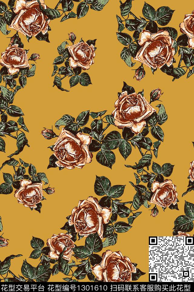 大牌风真丝纹理花朵传统印花华亿平台下载（图片编号: 1301610） - 瓦栏（Walan）