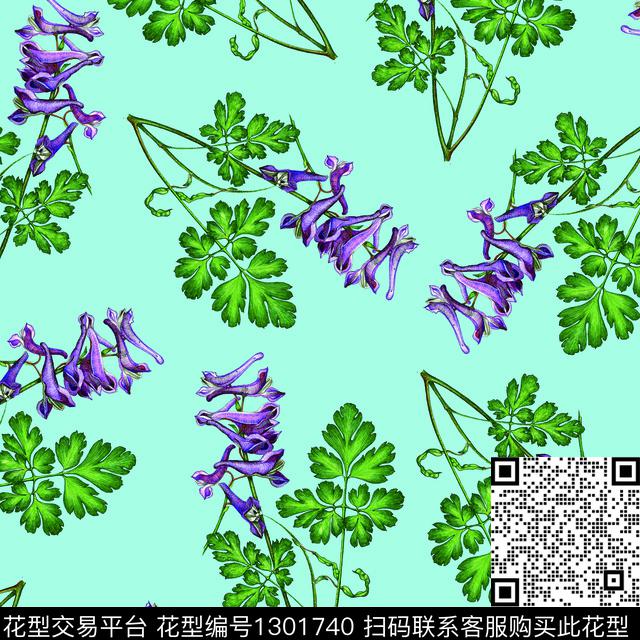 绿植树叶简约清爽底花卉数码印花华亿平台下载（图片编号: 1301740） - 瓦栏（Walan）
