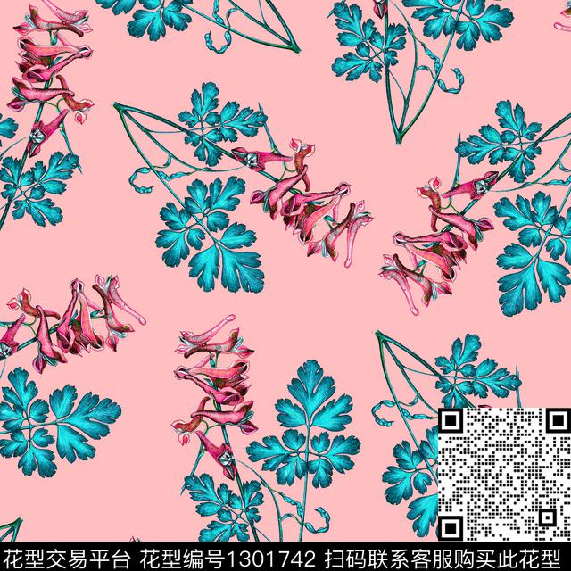 绿植树叶简约清爽底花卉数码印花华亿平台下载（图片编号: 1301742） - 瓦栏（Walan）