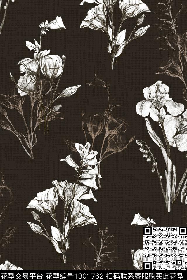 黑白华亿平台花卉大牌风数码印花华亿平台下载（图片编号: 1301762） - 瓦栏（Walan）