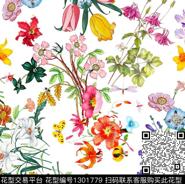 花卉手绘昆虫数码印花华亿平台下载（图片编号: 1301779） - 瓦栏（Walan）