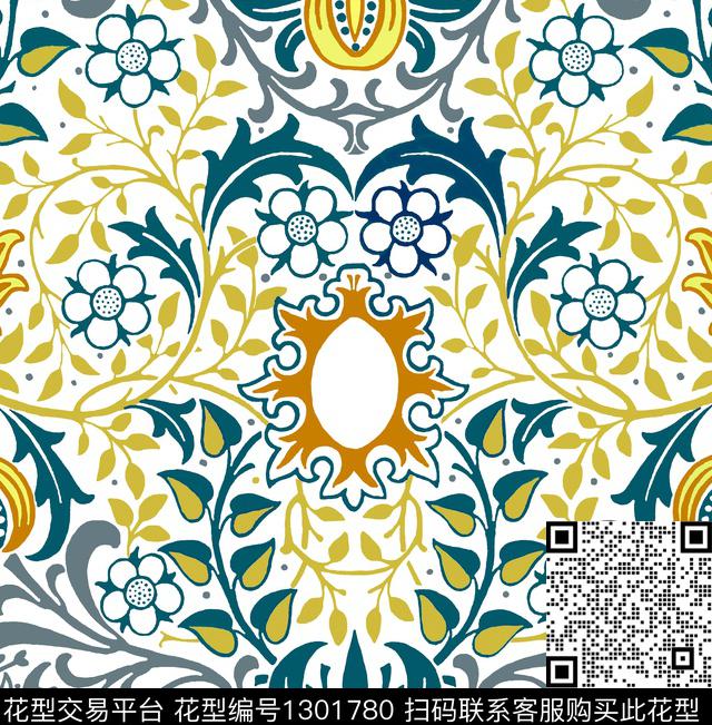 白底花花卉抽象传统印花华亿平台下载（图片编号: 1301780） - 瓦栏（Walan）