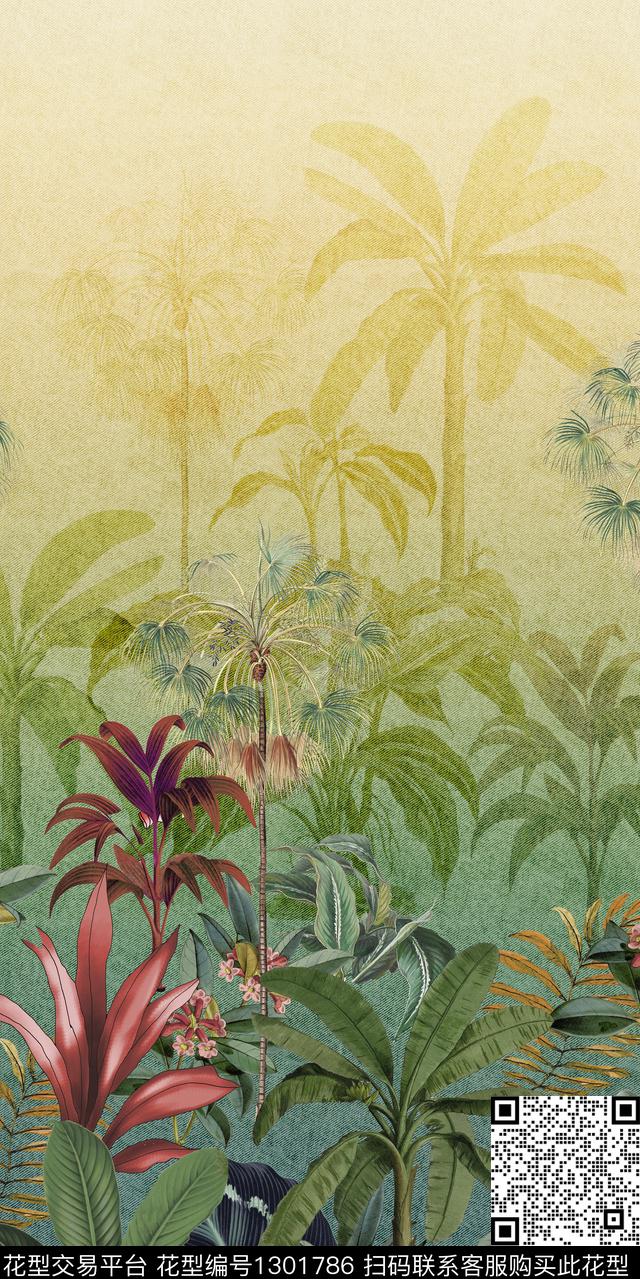 绿植树叶定位花女装数码印花华亿平台下载（图片编号: 1301786） - 瓦栏（Walan）