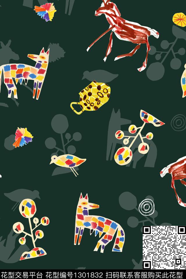 动物抽象卡通数码印花华亿平台下载（图片编号: 1301832） - 瓦栏（Walan）